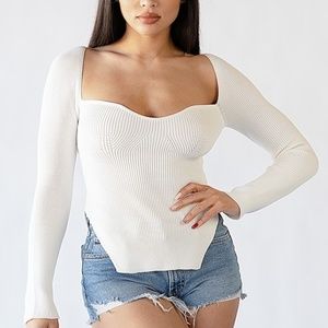 Square Neck Long Sleeve Ribbed Knitted Sweater Top